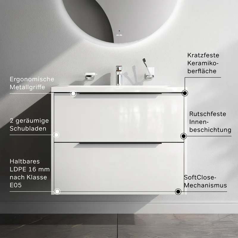 Waschtischunterschrank mit Waschbecken, 80 cm, als Flachpaket, 2 Schubladen, Weiß glänzend – MNA-FHX0802WGSP-WCC0802WG