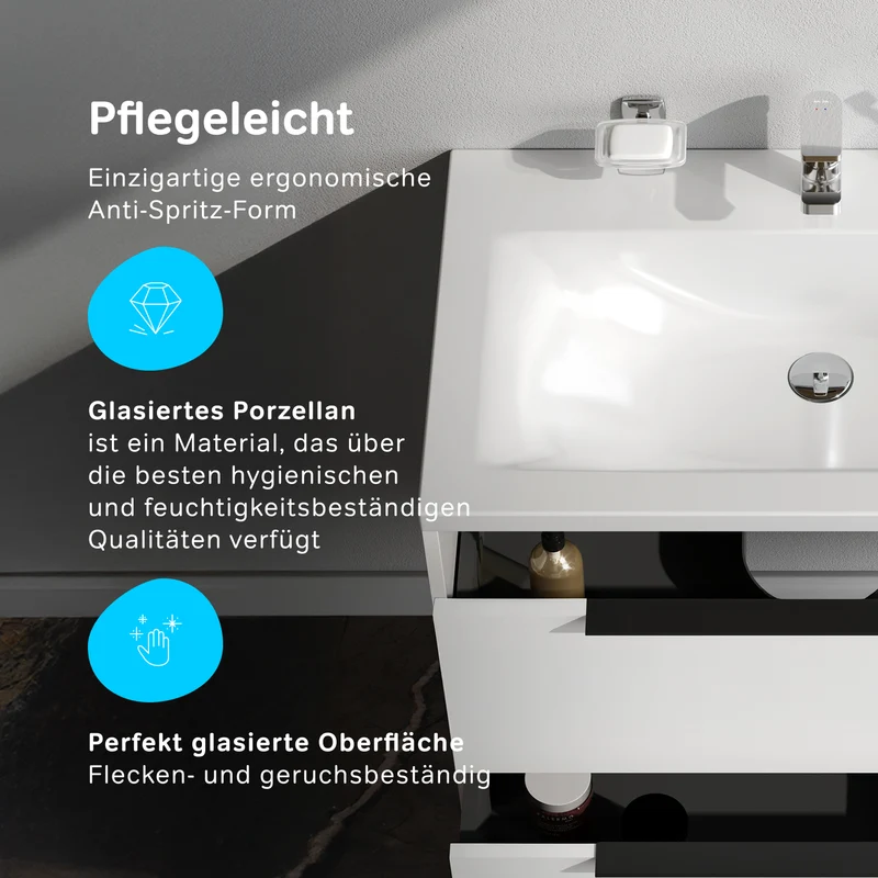 Waschtischunterschrank mit Waschbecken, 80 cm, als Flachpaket, 2 Schubladen, Weiß glänzend – MNA-FHX0802WGSP-WCC0802WG
