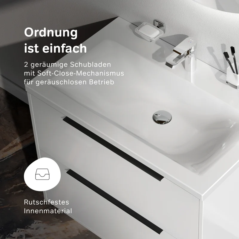 Waschtischunterschrank mit Waschbecken, 80 cm, als Flachpaket, 2 Schubladen, Weiß glänzend – MNA-FHX0802WGSP-WCC0802WG