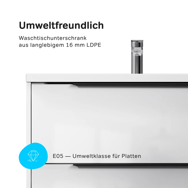 Waschtischunterschrank mit Waschbecken, 80 cm, als Flachpaket, 2 Schubladen, Weiß glänzend – MNA-FHX0802WGSP-WCC0802WG