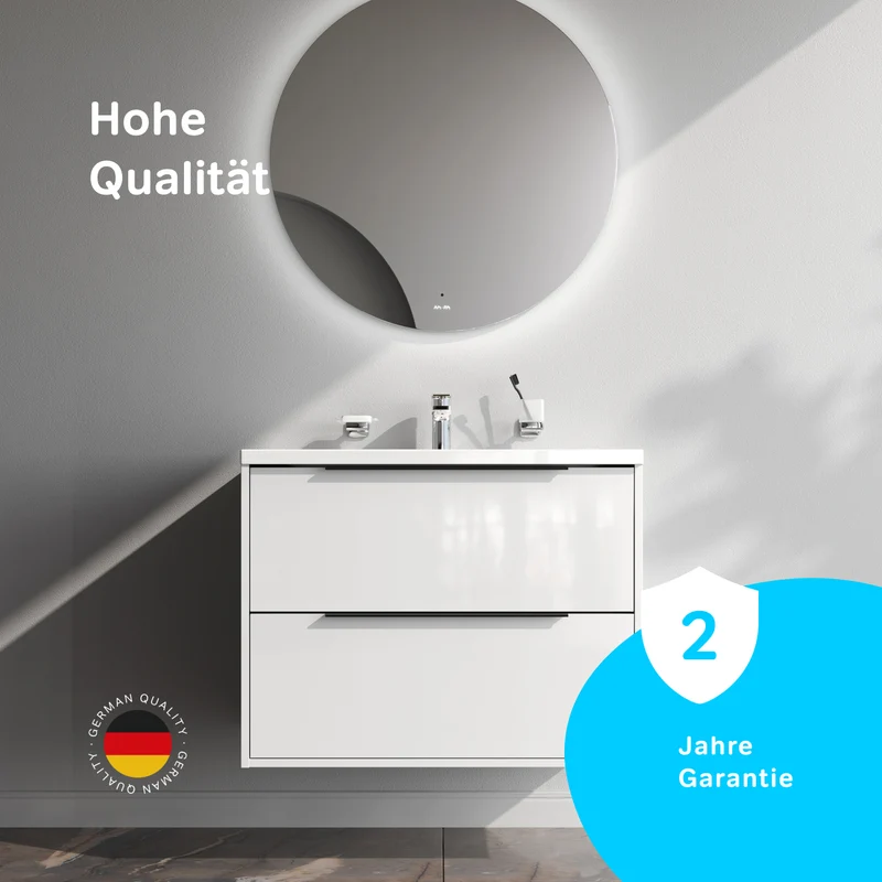 Waschtischunterschrank mit Waschbecken, 80 cm, als Flachpaket, 2 Schubladen, Weiß glänzend – MNA-FHX0802WGSP-WCC0802WG