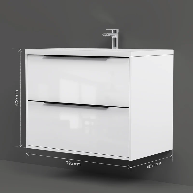 Waschtischunterschrank mit Waschbecken, 80 cm, als Flachpaket, 2 Schubladen, Weiß glänzend – MNA-FHX0802WGSP-WCC0802WG