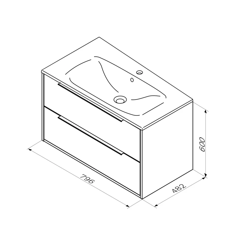 Waschtischunterschrank mit Waschbecken, 80 cm, als Flachpaket, 2 Schubladen, Weiß glänzend – MNA-FHX0802WGSP-WCC0802WG
