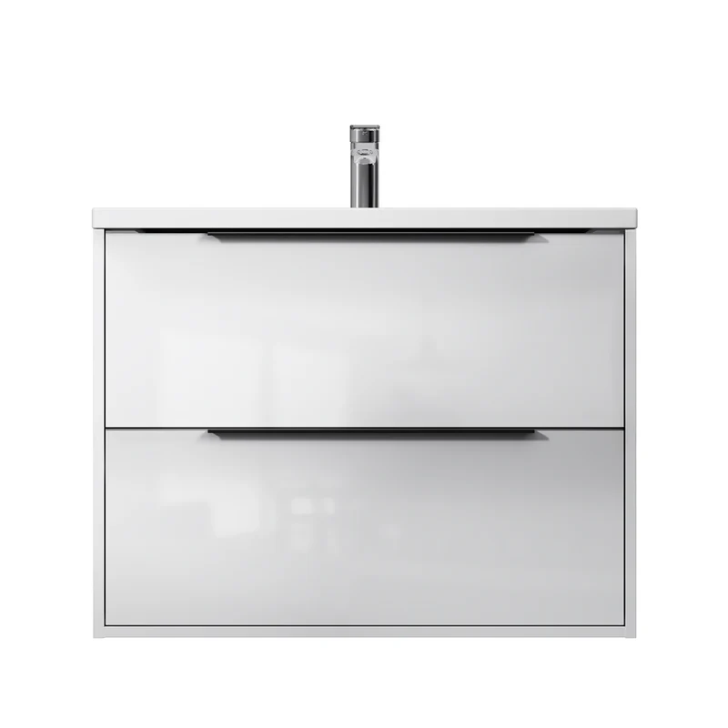 Waschtischunterschrank mit Waschbecken, 80 cm, als Flachpaket, 2 Schubladen, Weiß glänzend – MNA-FHX0802WGSP-WCC0802WG