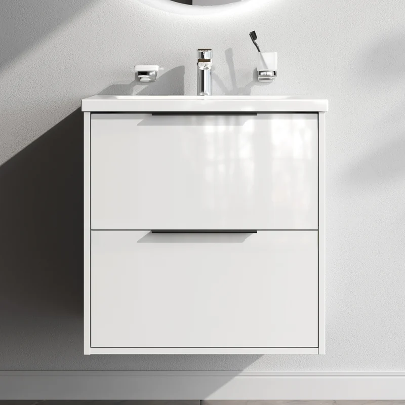 Waschtischunterschrank mit Waschbecken, 60 cm, als Flachpaket, 2 Schubladen, Weiß glänzend – MNA-FHX0602WGSP-WCC0602WG