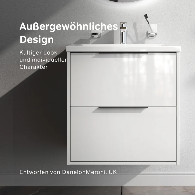 Waschtischunterschrank mit Waschbecken, 60 cm, als Flachpaket, 2 Schubladen, Weiß glänzend – MNA-FHX0602WGSP-WCC0602WG