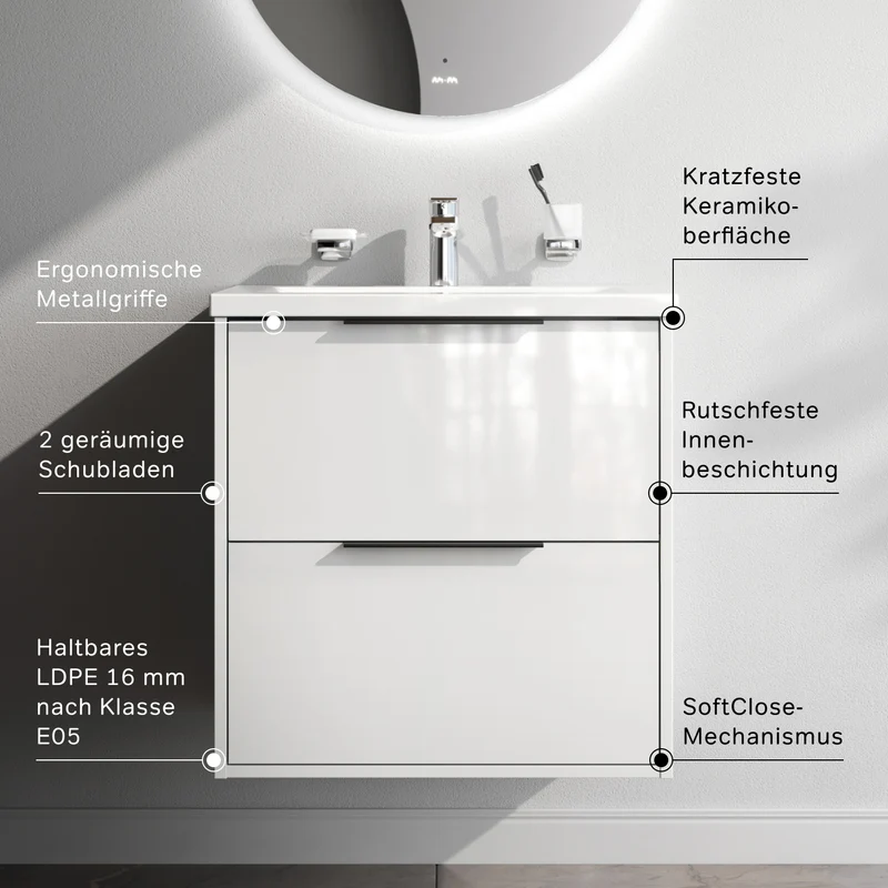 Waschtischunterschrank mit Waschbecken, 60 cm, als Flachpaket, 2 Schubladen, Weiß glänzend – MNA-FHX0602WGSP-WCC0602WG