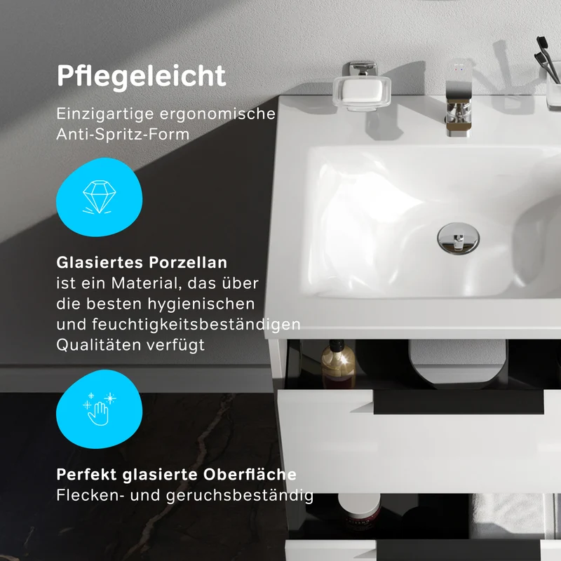 Waschtischunterschrank mit Waschbecken, 60 cm, als Flachpaket, 2 Schubladen, Weiß glänzend – MNA-FHX0602WGSP-WCC0602WG