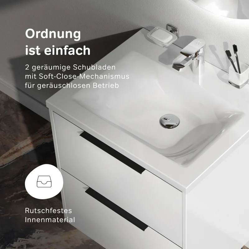 Waschtischunterschrank mit Waschbecken, 60 cm, als Flachpaket, 2 Schubladen, Weiß glänzend – MNA-FHX0602WGSP-WCC0602WG