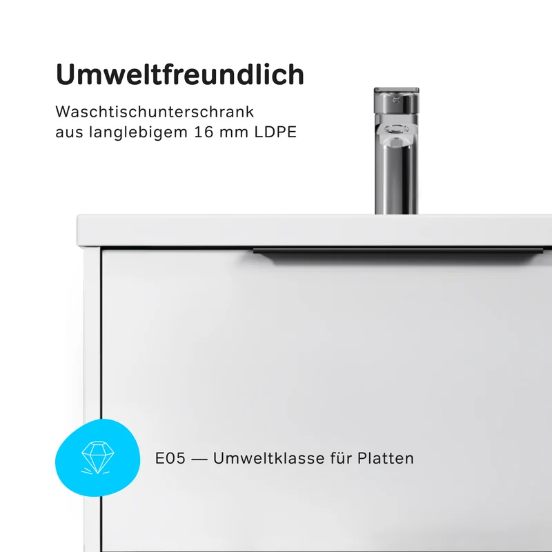 Waschtischunterschrank mit Waschbecken, 60 cm, als Flachpaket, 2 Schubladen, Weiß glänzend – MNA-FHX0602WGSP-WCC0602WG
