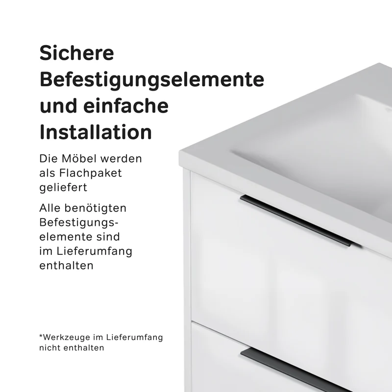 Waschtischunterschrank mit Waschbecken, 60 cm, als Flachpaket, 2 Schubladen, Weiß glänzend – MNA-FHX0602WGSP-WCC0602WG