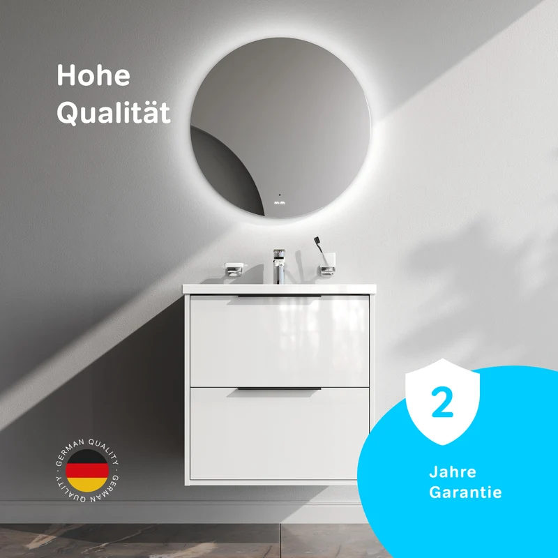 Waschtischunterschrank mit Waschbecken, 60 cm, als Flachpaket, 2 Schubladen, Weiß glänzend – MNA-FHX0602WGSP-WCC0602WG