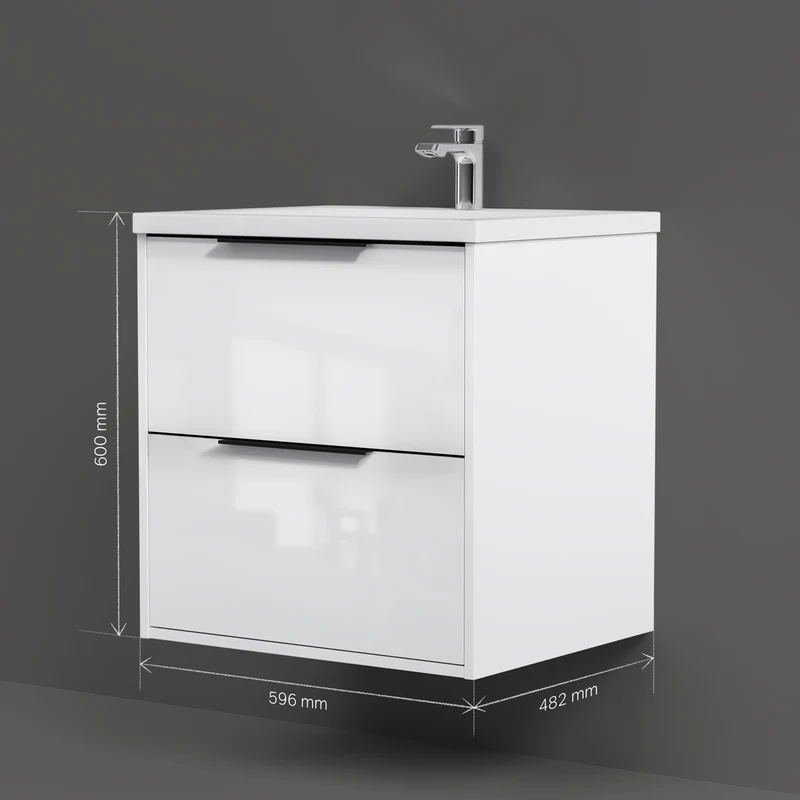 Waschtischunterschrank mit Waschbecken, 60 cm, als Flachpaket, 2 Schubladen, Weiß glänzend – MNA-FHX0602WGSP-WCC0602WG
