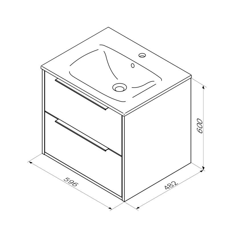 Waschtischunterschrank mit Waschbecken, 60 cm, als Flachpaket, 2 Schubladen, Weiß glänzend – MNA-FHX0602WGSP-WCC0602WG