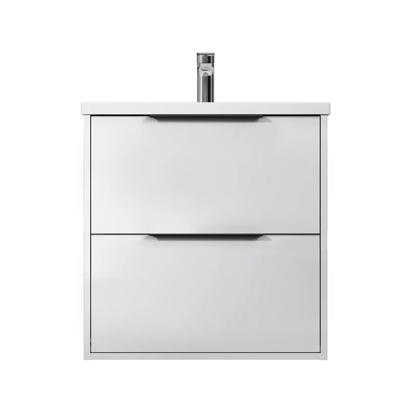 Waschtischunterschrank mit Waschbecken, 60 cm, als Flachpaket, 2 Schubladen, Weiß glänzend – MNA-FHX0602WGSP-WCC0602WG