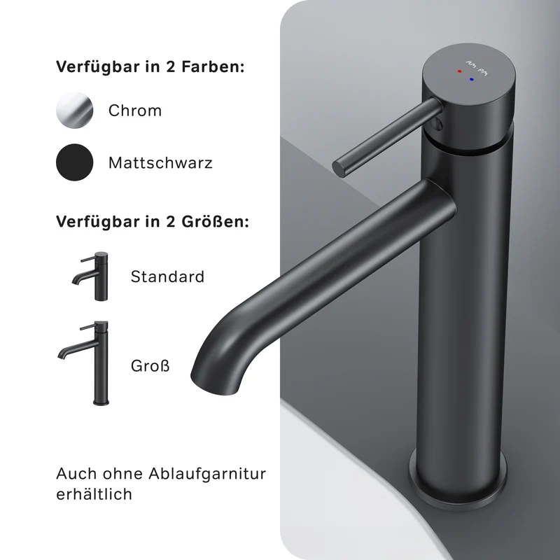 Hohe Waschtischarmatur Spike mit Klick-Ablaufgarnitur, Schwarz – FPA92222