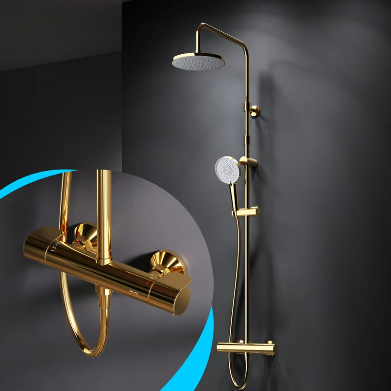 Duschsystem X-Joy mit Thermostat und Regendusche, Gold – F07XA499