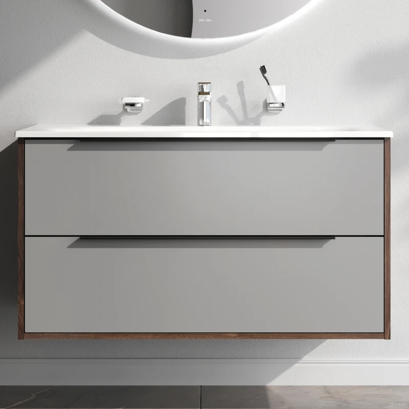 Waschtischunterschrank mit Waschbecken, 100 cm, 2 Schubladen, Graphit matt – MNA-FHX1002GM-WCC1002WG