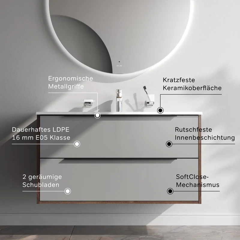 Waschtischunterschrank mit Waschbecken, 100 cm, 2 Schubladen, Graphit matt – MNA-FHX1002GM-WCC1002WG