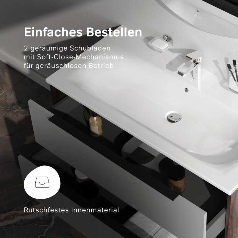 Waschtischunterschrank mit Waschbecken, 100 cm, 2 Schubladen, Graphit matt – MNA-FHX1002GM-WCC1002WG