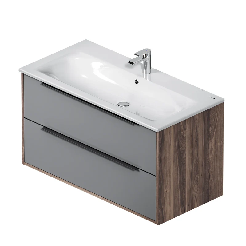 Waschtischunterschrank mit Waschbecken, 100 cm, 2 Schubladen, Graphit matt – MNA-FHX1002GM-WCC1002WG