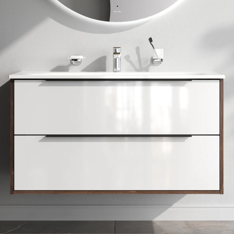 Waschtischunterschrank mit Waschbecken, 100 cm, 2 Schubladen, Weiß glänzend – MNA-FHX1002WG-WCC1002WG