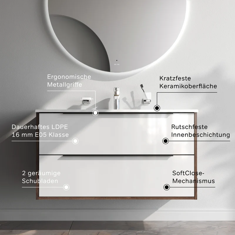 Waschtischunterschrank mit Waschbecken, 100 cm, 2 Schubladen, Weiß glänzend – MNA-FHX1002WG-WCC1002WG
