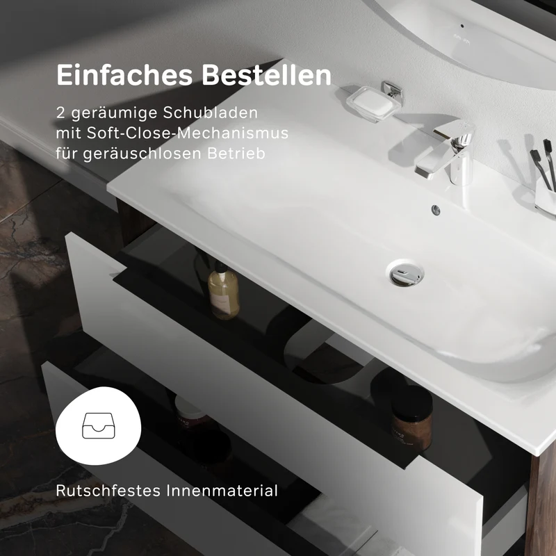 Waschtischunterschrank mit Waschbecken, 100 cm, 2 Schubladen, Weiß glänzend – MNA-FHX1002WG-WCC1002WG