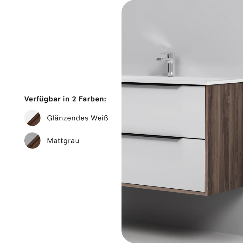 Waschtischunterschrank mit Waschbecken, 100 cm, 2 Schubladen, Weiß glänzend – MNA-FHX1002WG-WCC1002WG