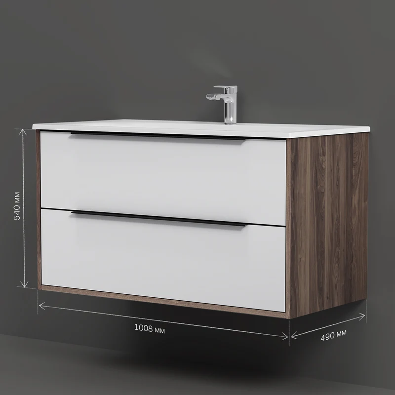 Waschtischunterschrank mit Waschbecken, 100 cm, 2 Schubladen, Weiß glänzend – MNA-FHX1002WG-WCC1002WG
