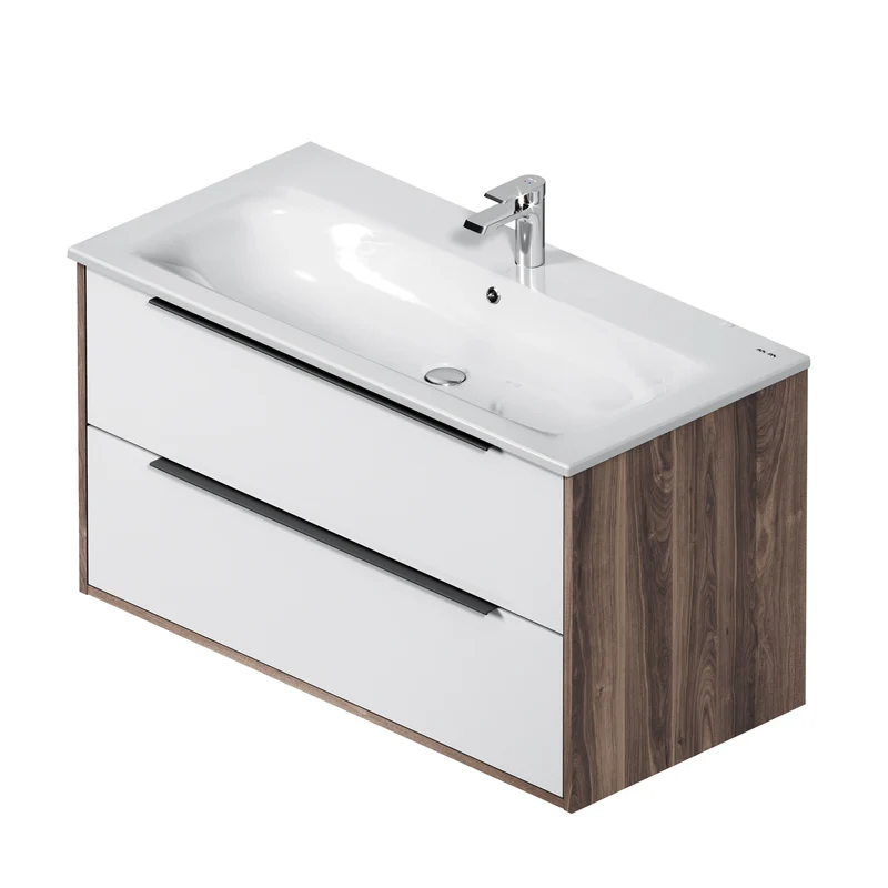 Waschtischunterschrank mit Waschbecken, 100 cm, 2 Schubladen, Weiß glänzend – MNA-FHX1002WG-WCC1002WG