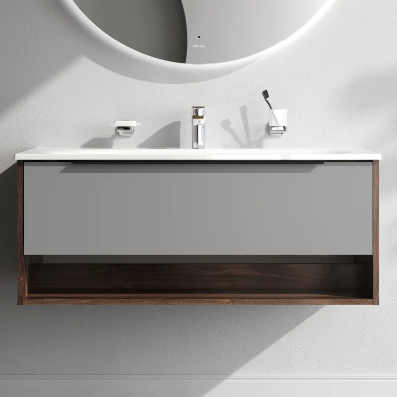 Waschtischunterschrank mit Waschbecken, 100 cm, 1 Schublade und offene Nische, Graphit matt – MNA-FHX1001GM-WCC1002WG