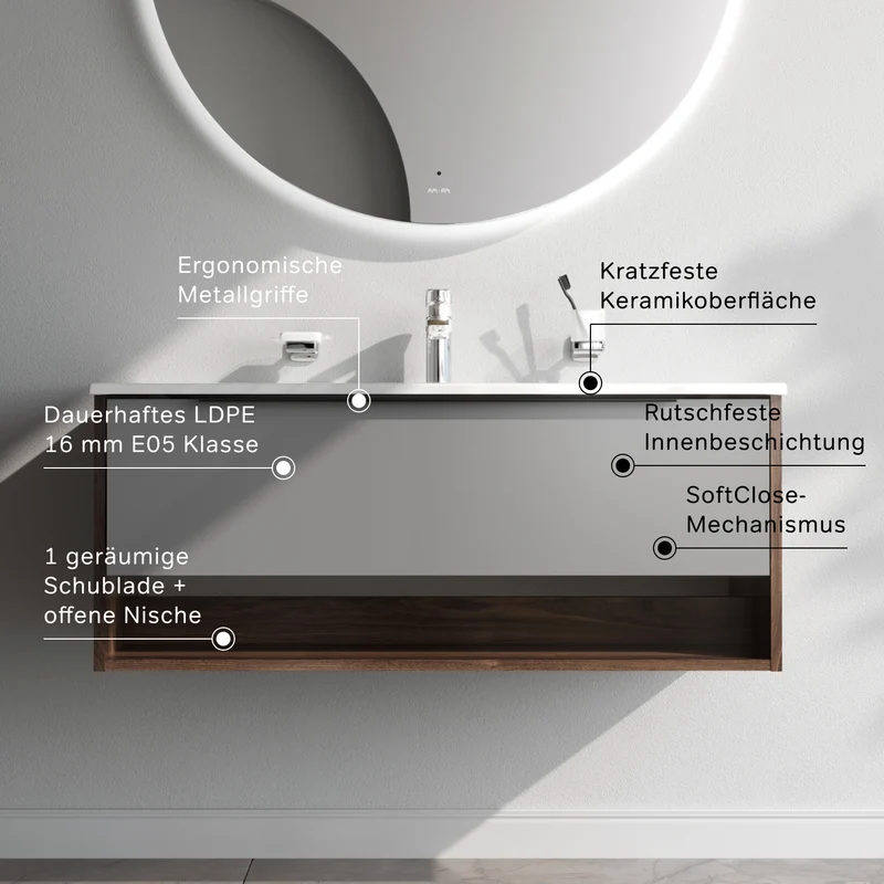 Waschtischunterschrank mit Waschbecken, 100 cm, 1 Schublade und offene Nische, Graphit matt – MNA-FHX1001GM-WCC1002WG