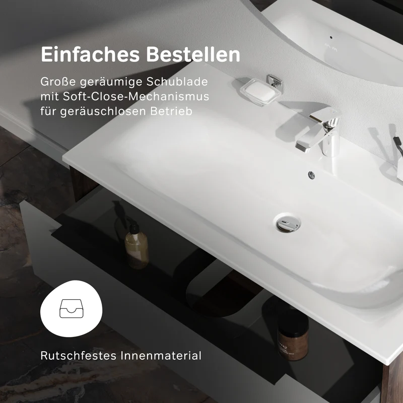 Waschtischunterschrank mit Waschbecken, 100 cm, 1 Schublade und offene Nische, Graphit matt – MNA-FHX1001GM-WCC1002WG