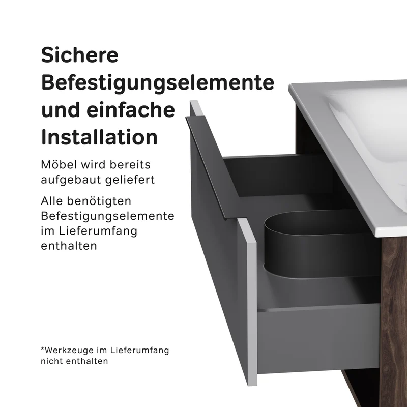 Waschtischunterschrank mit Waschbecken, 100 cm, 1 Schublade und offene Nische, Graphit matt – MNA-FHX1001GM-WCC1002WG