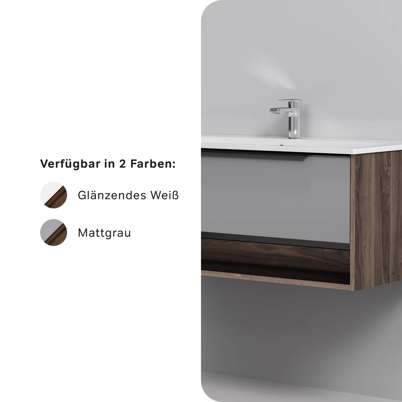 Waschtischunterschrank mit Waschbecken, 100 cm, 1 Schublade und offene Nische, Graphit matt – MNA-FHX1001GM-WCC1002WG