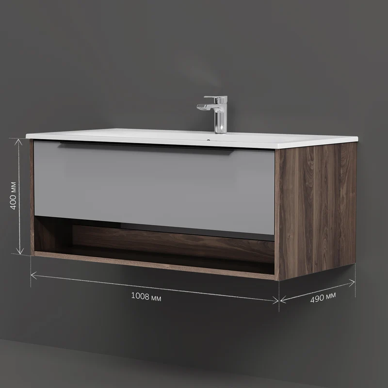 Waschtischunterschrank mit Waschbecken, 100 cm, 1 Schublade und offene Nische, Graphit matt – MNA-FHX1001GM-WCC1002WG