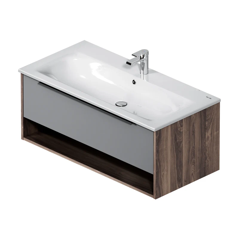 Waschtischunterschrank mit Waschbecken, 100 cm, 1 Schublade und offene Nische, Graphit matt – MNA-FHX1001GM-WCC1002WG