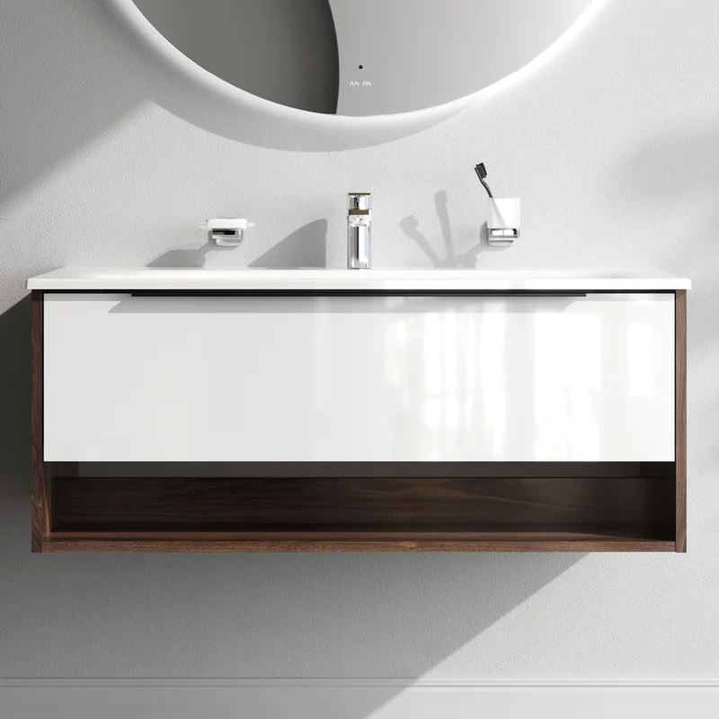 Waschtischunterschrank mit Waschbecken, 100 cm, 1 Schublade und offene Nische, Weiß glänzend – MNA-FHX1001WG-WCC1002WG