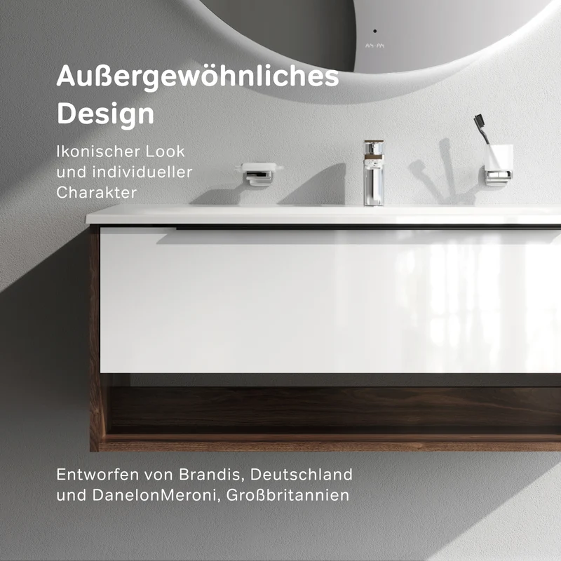 Waschtischunterschrank mit Waschbecken, 100 cm, 1 Schublade und offene Nische, Weiß glänzend – MNA-FHX1001WG-WCC1002WG