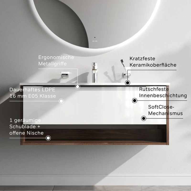 Waschtischunterschrank mit Waschbecken, 100 cm, 1 Schublade und offene Nische, Weiß glänzend – MNA-FHX1001WG-WCC1002WG
