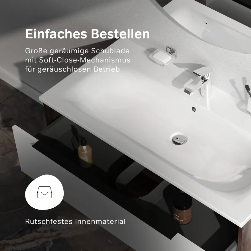 Waschtischunterschrank mit Waschbecken, 100 cm, 1 Schublade und offene Nische, Weiß glänzend – MNA-FHX1001WG-WCC1002WG