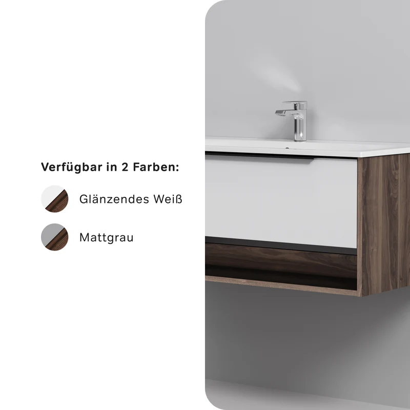 Waschtischunterschrank mit Waschbecken, 100 cm, 1 Schublade und offene Nische, Weiß glänzend – MNA-FHX1001WG-WCC1002WG