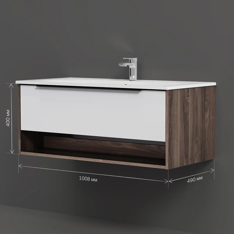 Waschtischunterschrank mit Waschbecken, 100 cm, 1 Schublade und offene Nische, Weiß glänzend – MNA-FHX1001WG-WCC1002WG