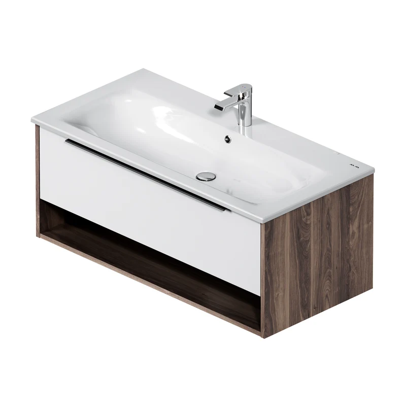 Waschtischunterschrank mit Waschbecken, 100 cm, 1 Schublade und offene Nische, Weiß glänzend – MNA-FHX1001WG-WCC1002WG