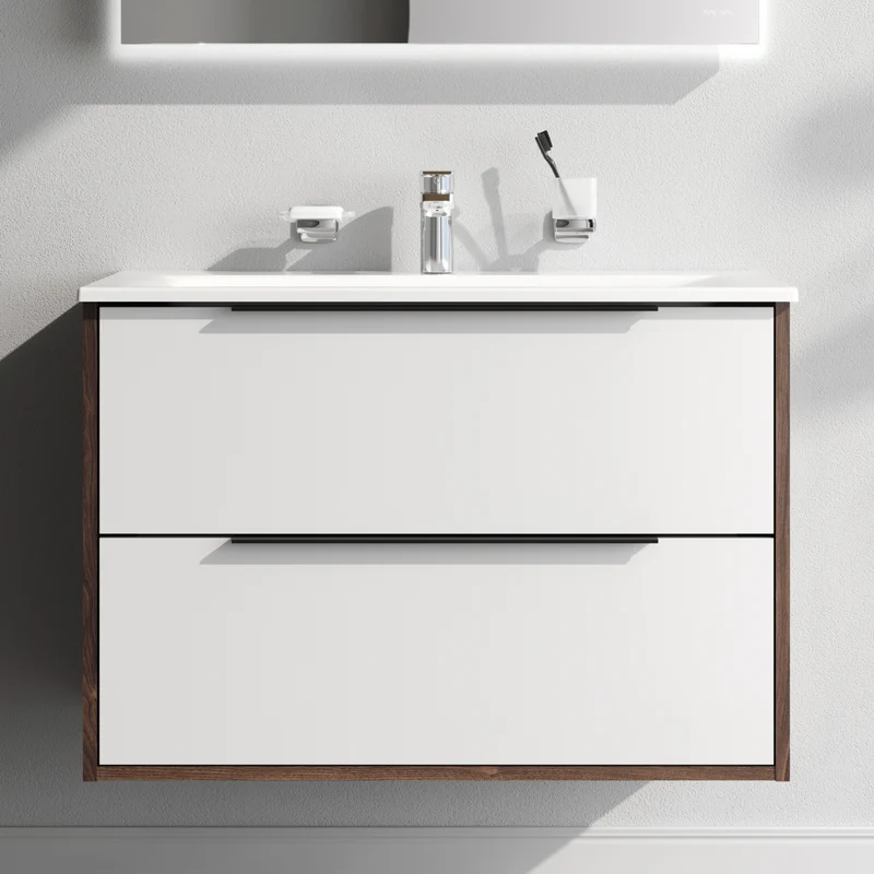 Waschtischunterschrank mit Waschbecken, 80 cm, 2 Schubladen, Weiß glänzend – MNA-FHX0802WG-WCC0802WG