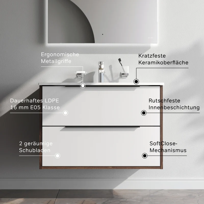 Waschtischunterschrank mit Waschbecken, 80 cm, 2 Schubladen, Weiß glänzend – MNA-FHX0802WG-WCC0802WG