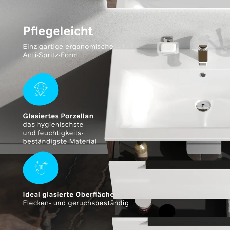 Waschtischunterschrank mit Waschbecken, 80 cm, 2 Schubladen, Weiß glänzend – MNA-FHX0802WG-WCC0802WG