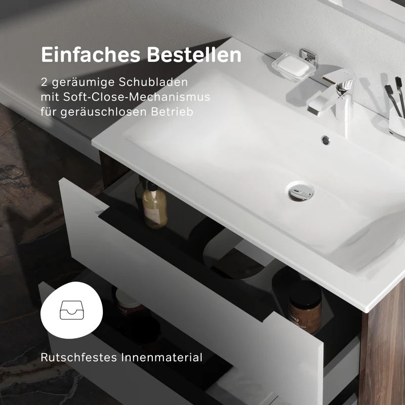 Waschtischunterschrank mit Waschbecken, 80 cm, 2 Schubladen, Weiß glänzend – MNA-FHX0802WG-WCC0802WG