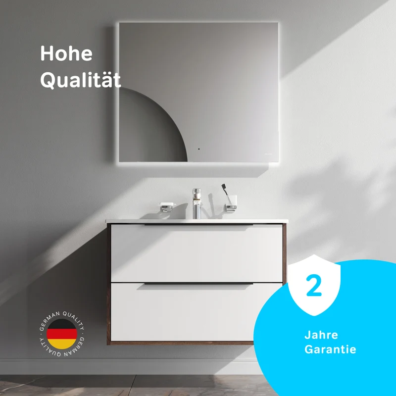 Waschtischunterschrank mit Waschbecken, 80 cm, 2 Schubladen, Weiß glänzend – MNA-FHX0802WG-WCC0802WG